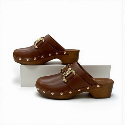 Louis Vuitton Cottage Line Sandals Shoes Leather Brown Gold Logo Studs Sabot