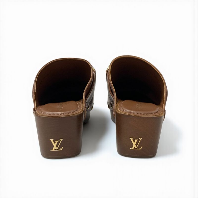 Louis Vuitton Cottage Line Sandals Shoes Leather Brown Gold Logo Studs Sabot