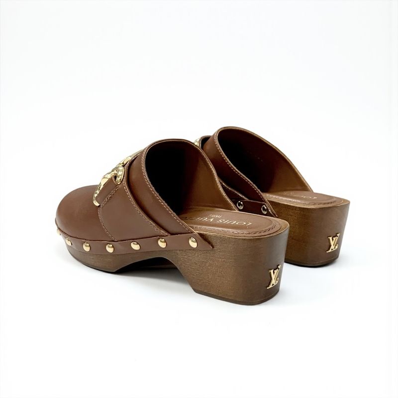 Louis Vuitton Cottage Line Sandals Shoes Leather Brown Gold Logo Studs Sabot