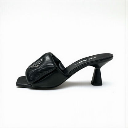 Prada Sandals Shoes Leather Black Silver Mule Triangle Logo Padded Nappa