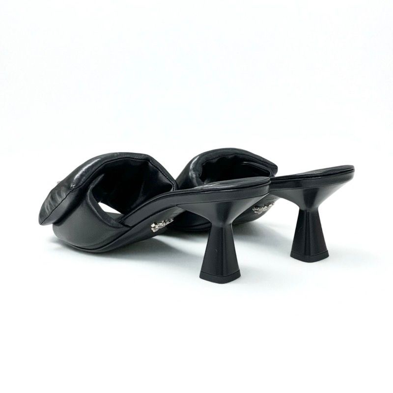 Prada Sandals Shoes Leather Black Silver Mule Triangle Logo Padded Nappa