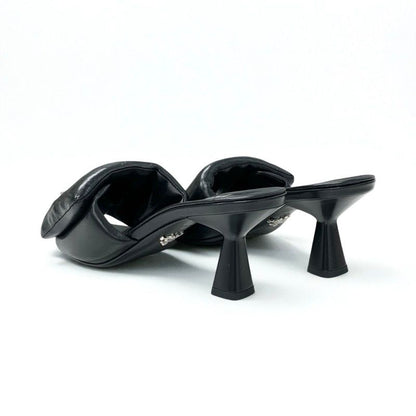Prada Sandals Shoes Leather Black Silver Mule Triangle Logo Padded Nappa