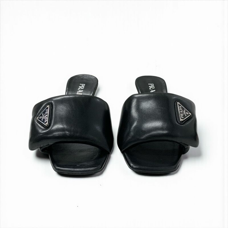 Prada Sandals Shoes Leather Black Silver Mule Triangle Logo Padded Nappa