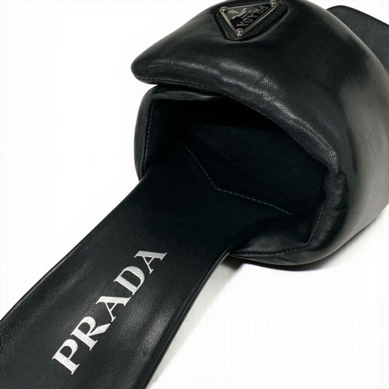 Prada Sandals Shoes Leather Black Silver Mule Triangle Logo Padded Nappa