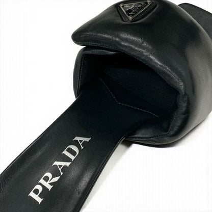 Prada Sandals Shoes Leather Black Silver Mule Triangle Logo Padded Nappa
