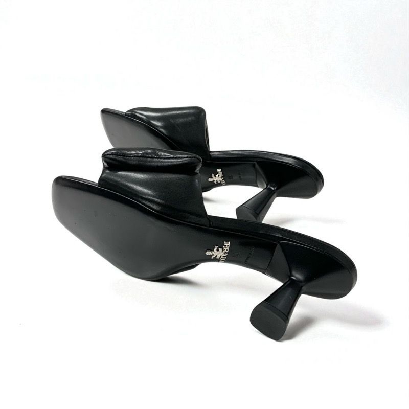 Prada Sandals Shoes Leather Black Silver Mule Triangle Logo Padded Nappa