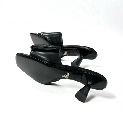 Prada Sandals Shoes Leather Black Silver Mule Triangle Logo Padded Nappa