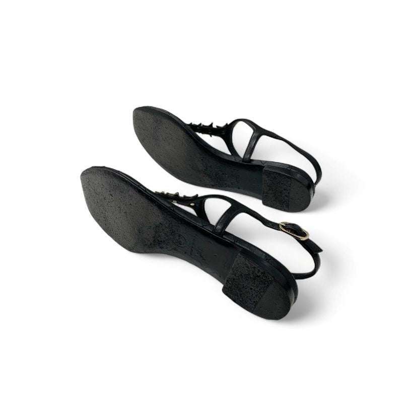 Chanel Sandals Shoes Leather Black Gold CC Logo Star Quilted Thong Flat