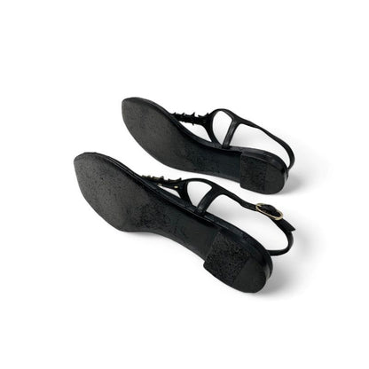 Chanel Sandals Shoes Leather Black Gold CC Logo Star Quilted Thong Flat