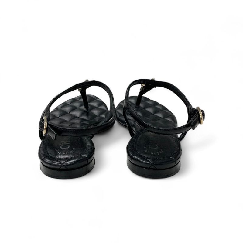 Chanel Sandals Shoes Leather Black Gold CC Logo Star Quilted Thong Flat