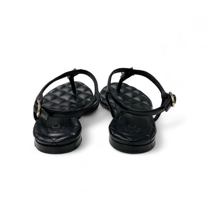 Chanel Sandals Shoes Leather Black Gold CC Logo Star Quilted Thong Flat