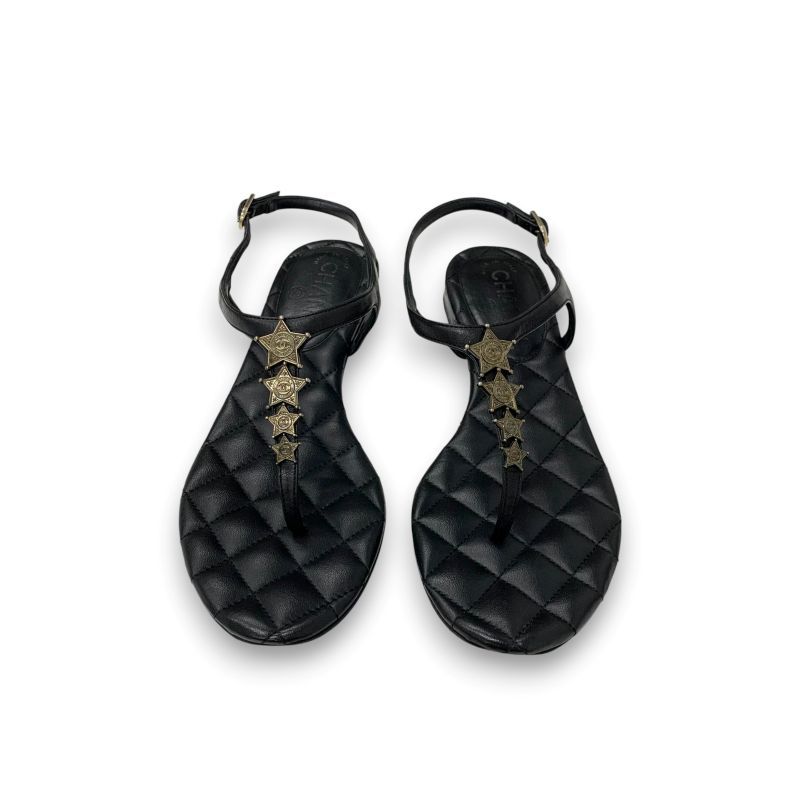 Chanel Sandals Shoes Leather Black Gold CC Logo Star Quilted Thong Flat