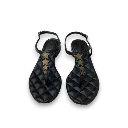 Chanel Sandals Shoes Leather Black Gold CC Logo Star Quilted Thong Flat