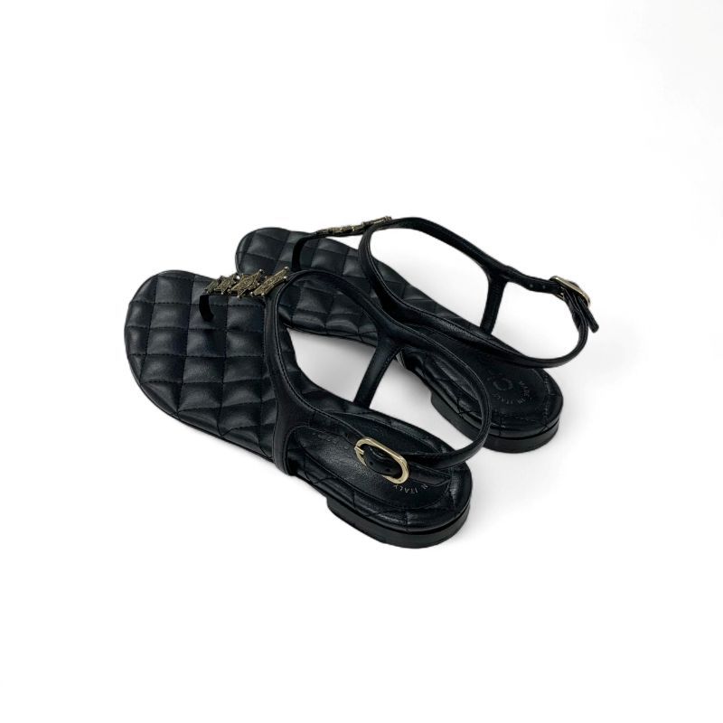 Chanel Sandals Shoes Leather Black Gold CC Logo Star Quilted Thong Flat