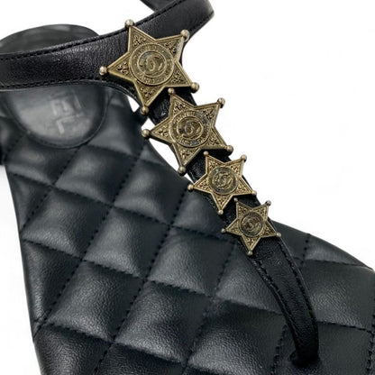 Chanel Sandals Shoes Leather Black Gold CC Logo Star Quilted Thong Flat