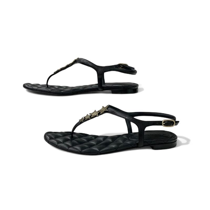 Chanel Sandals Shoes Leather Black Gold CC Logo Star Quilted Thong Flat