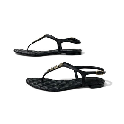 Chanel Sandals Shoes Leather Black Gold CC Logo Star Quilted Thong Flat