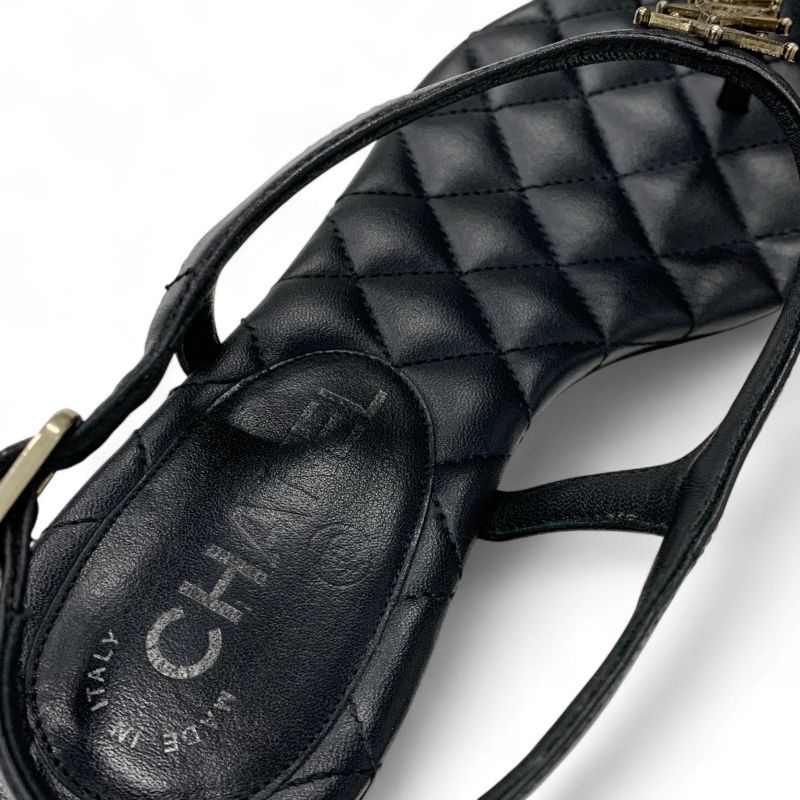 Chanel Sandals Shoes Leather Black Gold CC Logo Star Quilted Thong Flat