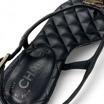 Chanel Sandals Shoes Leather Black Gold CC Logo Star Quilted Thong Flat