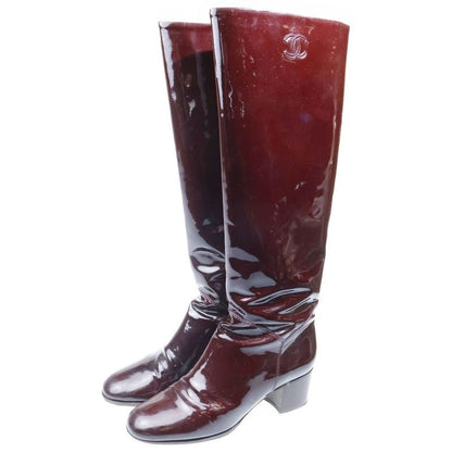 Chanel CC Logo Patent Long Boots Brown