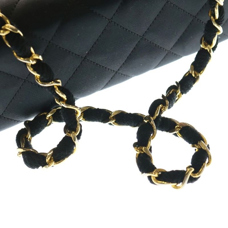 Chanel Quilted CC Logo Rhinestone Satin Chain Tote Black Gold