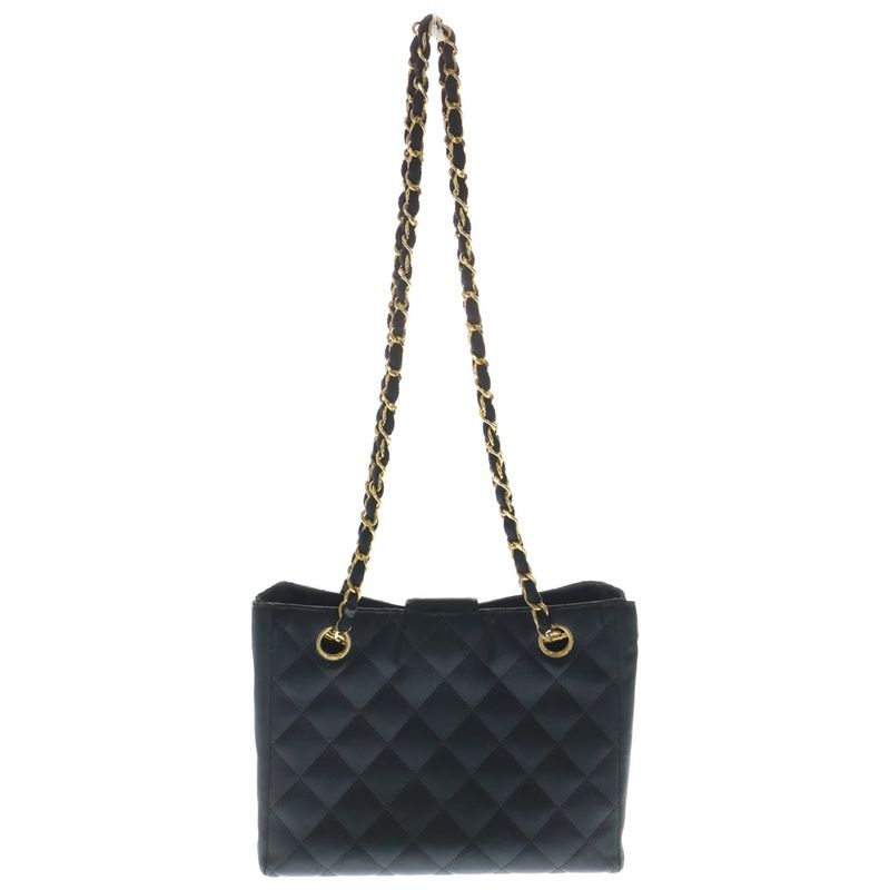 Chanel Quilted CC Logo Rhinestone Satin Chain Tote Black Gold