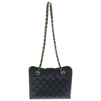 Chanel Quilted CC Logo Rhinestone Satin Chain Tote Black Gold