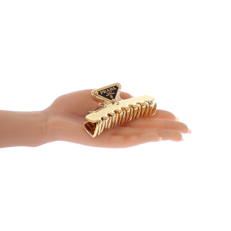 Prada Hair Clip Metal Gold Black Triangle Logo