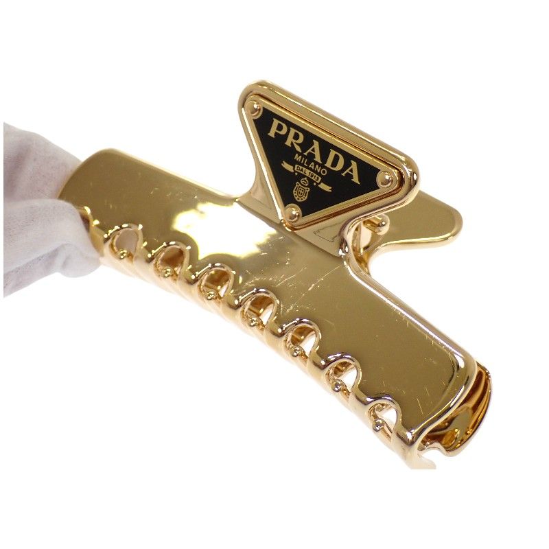 Prada Hair Clip Metal Gold Black Triangle Logo