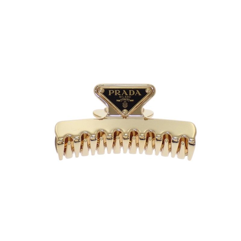 Prada Hair Clip Metal Gold Black Triangle Logo
