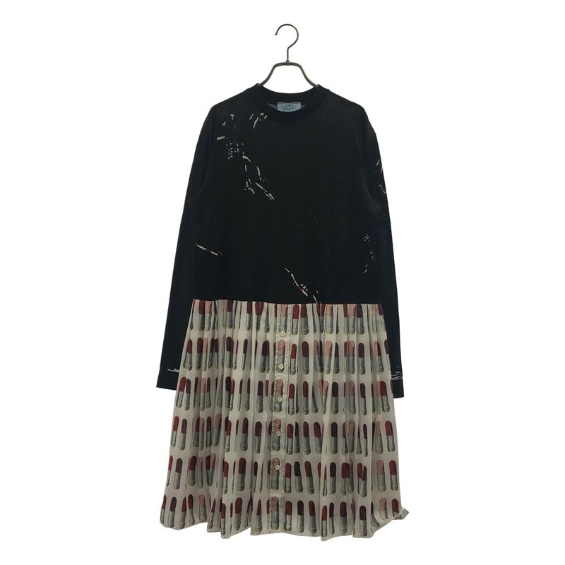 Prada Triangle Logo Patch Lip Print Contrast Dress S White