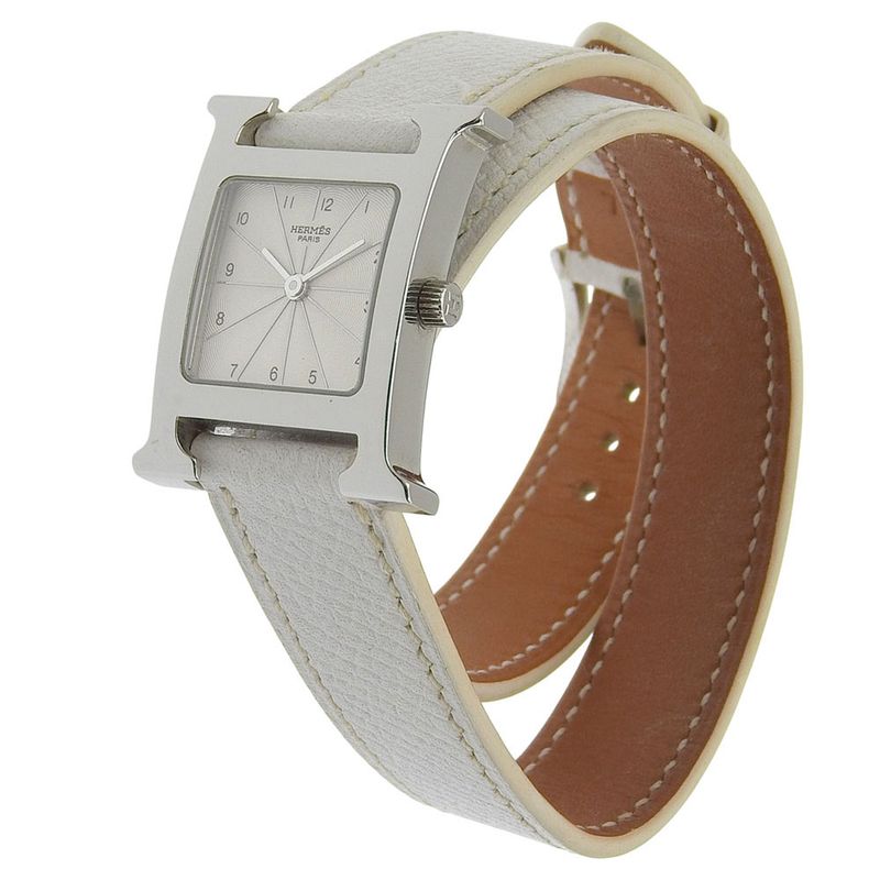 Hermes Watch Double Tour Stainless Steel Smooth Leather Silver