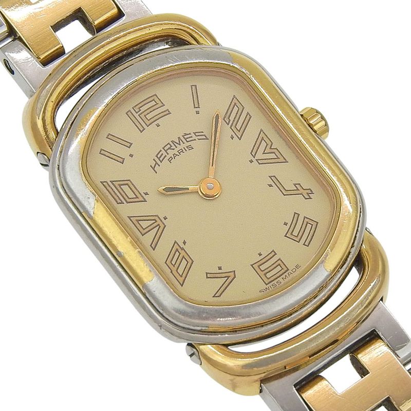 Hermes Rally Stainless Steel Gold Plated Gold Quartz Analog Display Watch