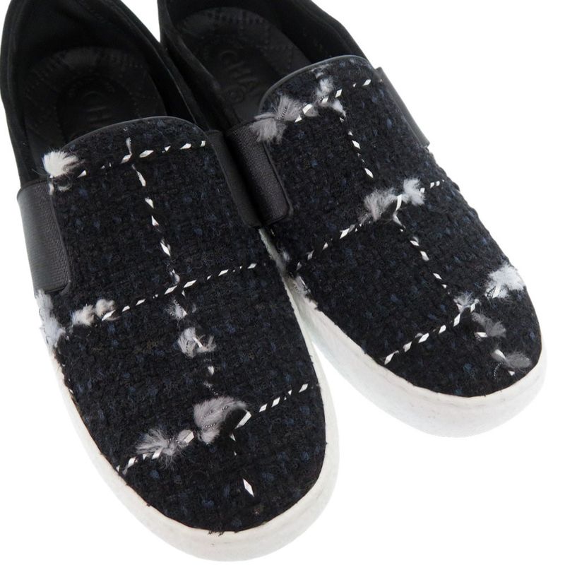 Chanel CC Logo Tweed Slip Ons Sneakers Suede Black