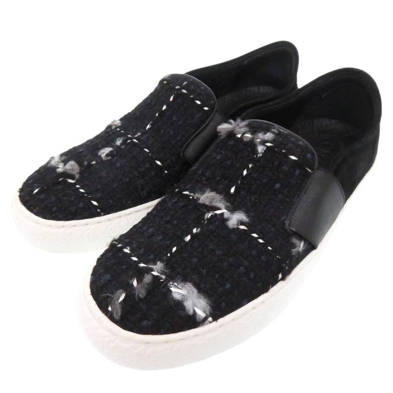 Chanel CC Logo Tweed Slip Ons Sneakers Suede Black