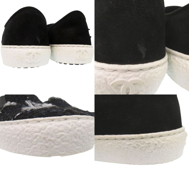 Chanel CC Logo Tweed Slip Ons Sneakers Suede Black