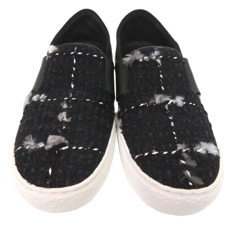 Chanel CC Logo Tweed Slip Ons Sneakers Suede Black