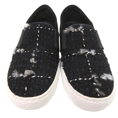 Chanel CC Logo Tweed Slip Ons Sneakers Suede Black
