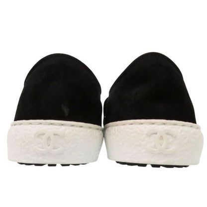 Chanel CC Logo Tweed Slip Ons Sneakers Suede Black