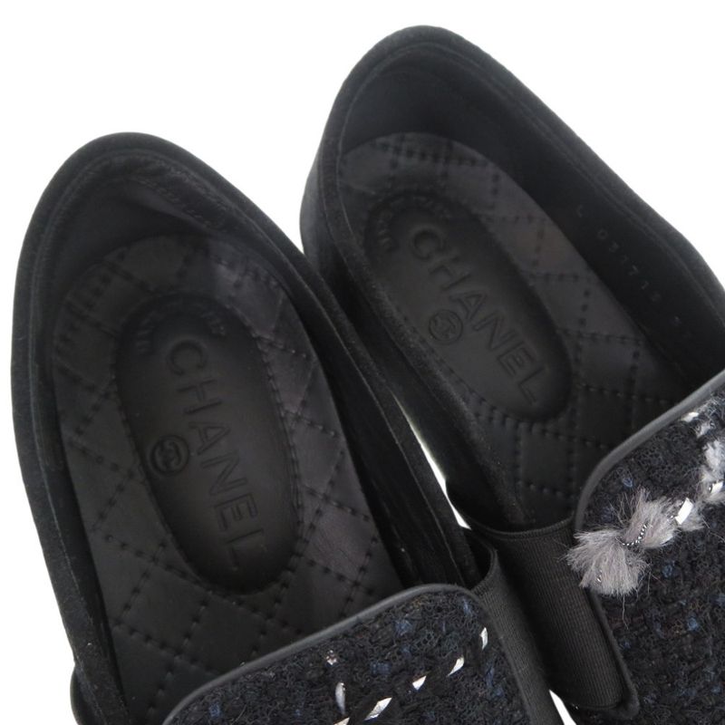 Chanel CC Logo Tweed Slip Ons Sneakers Suede Black