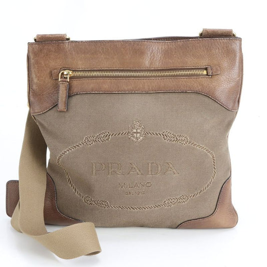 Prada Logo Jacquard Leather Canvas Shoulder Bag