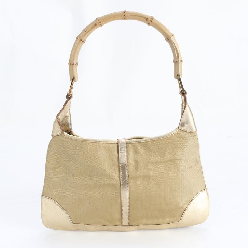 Gucci Bamboo 001 Leather Nylon Shoulder Bag Hand Gold