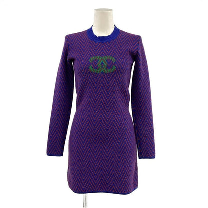 Chanel Dress 34 S Blue Red Green Cashmere CC Logo