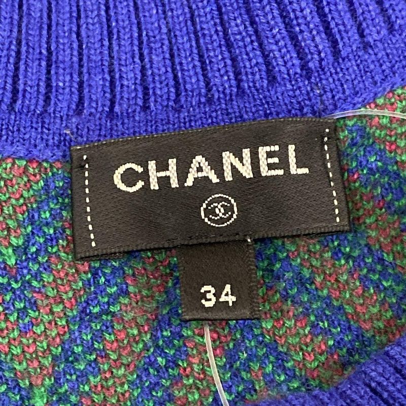 Chanel Dress 34 S Blue Red Green Cashmere CC Logo