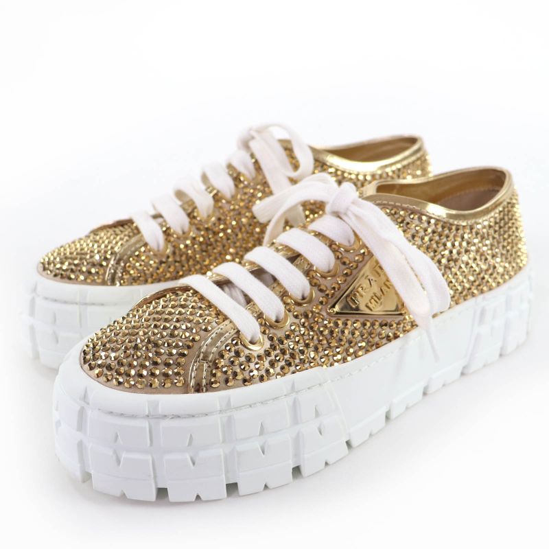 Prada Double Wheel Triangle Logo with Rhinestone Leather Low Cut Sneakers Gold