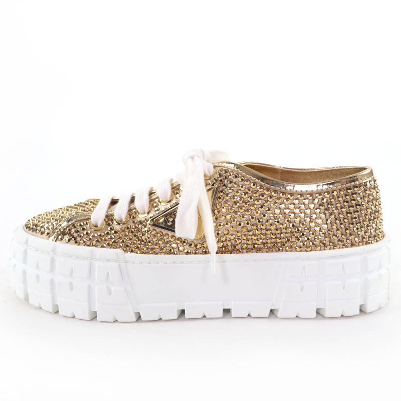 Prada Double Wheel Triangle Logo with Rhinestone Leather Low Cut Sneakers Gold
