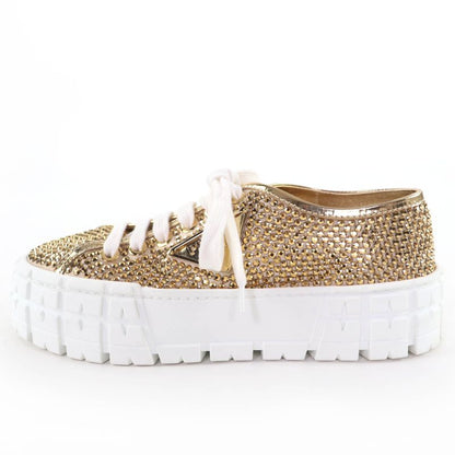 Prada Double Wheel Triangle Logo with Rhinestone Leather Low Cut Sneakers Gold