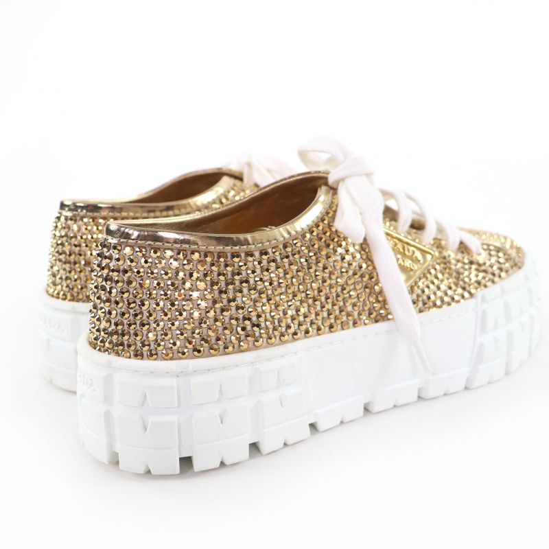 Prada Double Wheel Triangle Logo with Rhinestone Leather Low Cut Sneakers Gold