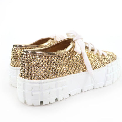 Prada Double Wheel Triangle Logo with Rhinestone Leather Low Cut Sneakers Gold