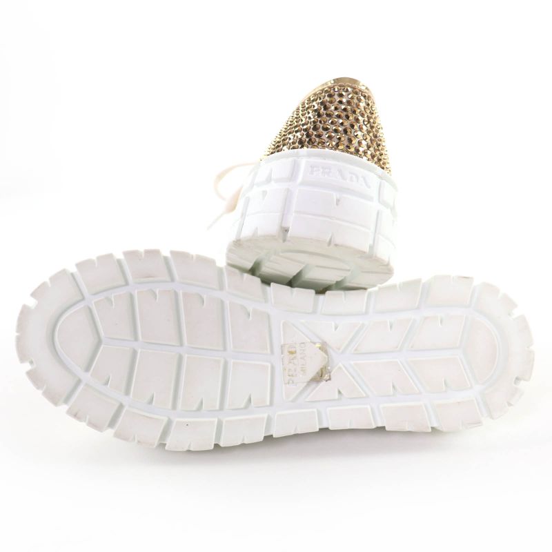 Prada Double Wheel Triangle Logo with Rhinestone Leather Low Cut Sneakers Gold